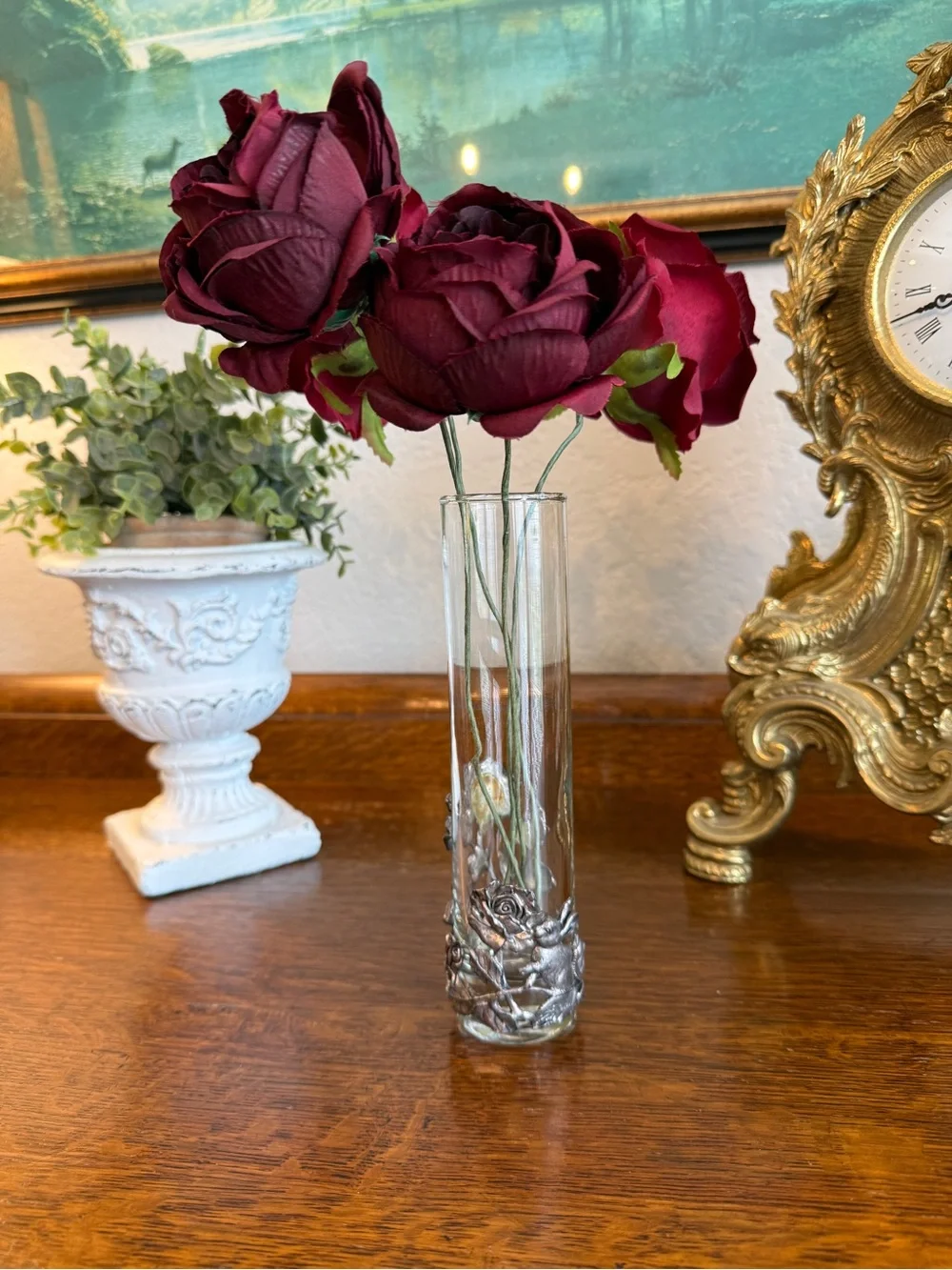 1995 Arthur Court Bunny & Roses Bud Vase Cast Aluminum with Faux Burgundy Stems